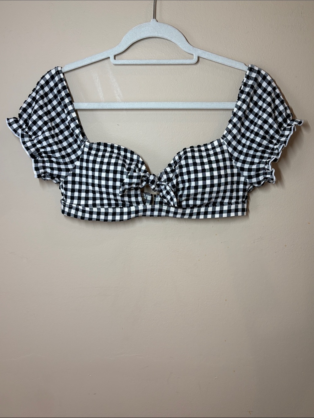 Black & White Gingham Tie-Front Puff Sleeve Bikini Top, S